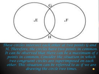 These circles intersect each other at two points G and
H. Therefore, the circles have two points in common.
It can be observed that there can be a maximum of 2
points in common. Consider the situation in which
two congruent circles are superimposed on each
other. This situation can be referred to as if we are
drawing the circle two times.
 