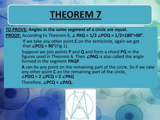 THEOREM 7
TO PROVE: Angles in the same segment of a circle are equal.
PROOF: According to Theorem 6, ∠ PAQ = 1/2 ∠POQ = 1/2×180°=90°.
If we take any other point C on the semicircle, again we get
that ∠PCQ = 90°(Fig 1).
Suppose we join points P and Q and form a chord PQ in the
figures used in Theorem 6. Then ∠PAQ is also called the angle
formed in the segment PAQP.
A can be any point on the remaining part of the circle. So if we take
any other point C on the remaining part of the circle,
∠POQ = 2 ∠PCQ = 2 ∠PAQ
Therefore, ∠PCQ = ∠PAQ.

 
