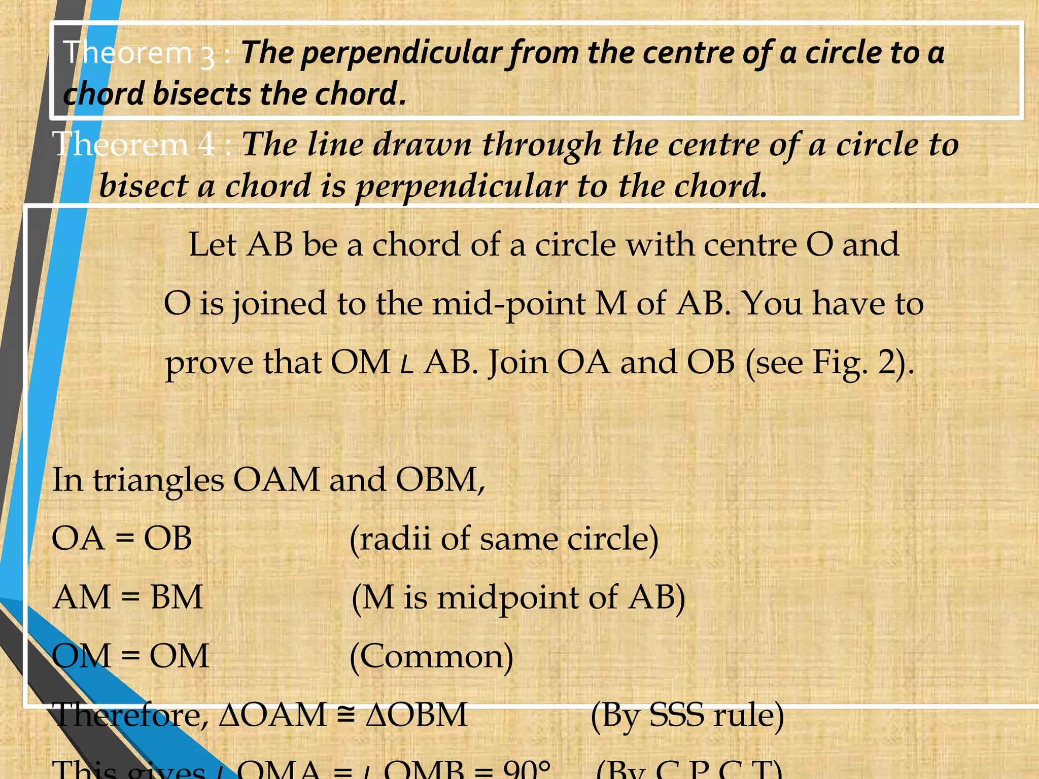 Theorem 4 : The line drawn through the centre of a circle to
bisect a chord is perpendicular to the chord.
Let AB be a chord of a circle with centre O and
O is joined to the mid-point M of AB. You have to
prove that OM L AB. Join OA and OB (see Fig. 2).
In triangles OAM and OBM,
OA = OB (radii of same circle)
AM = BM (M is midpoint of AB)
OM = OM (Common)
Therefore, ΔOAM ≅ ΔOBM (By SSS rule)
Theorem 3 : The perpendicular from the centre of a circle to a
chord bisects the chord.
 