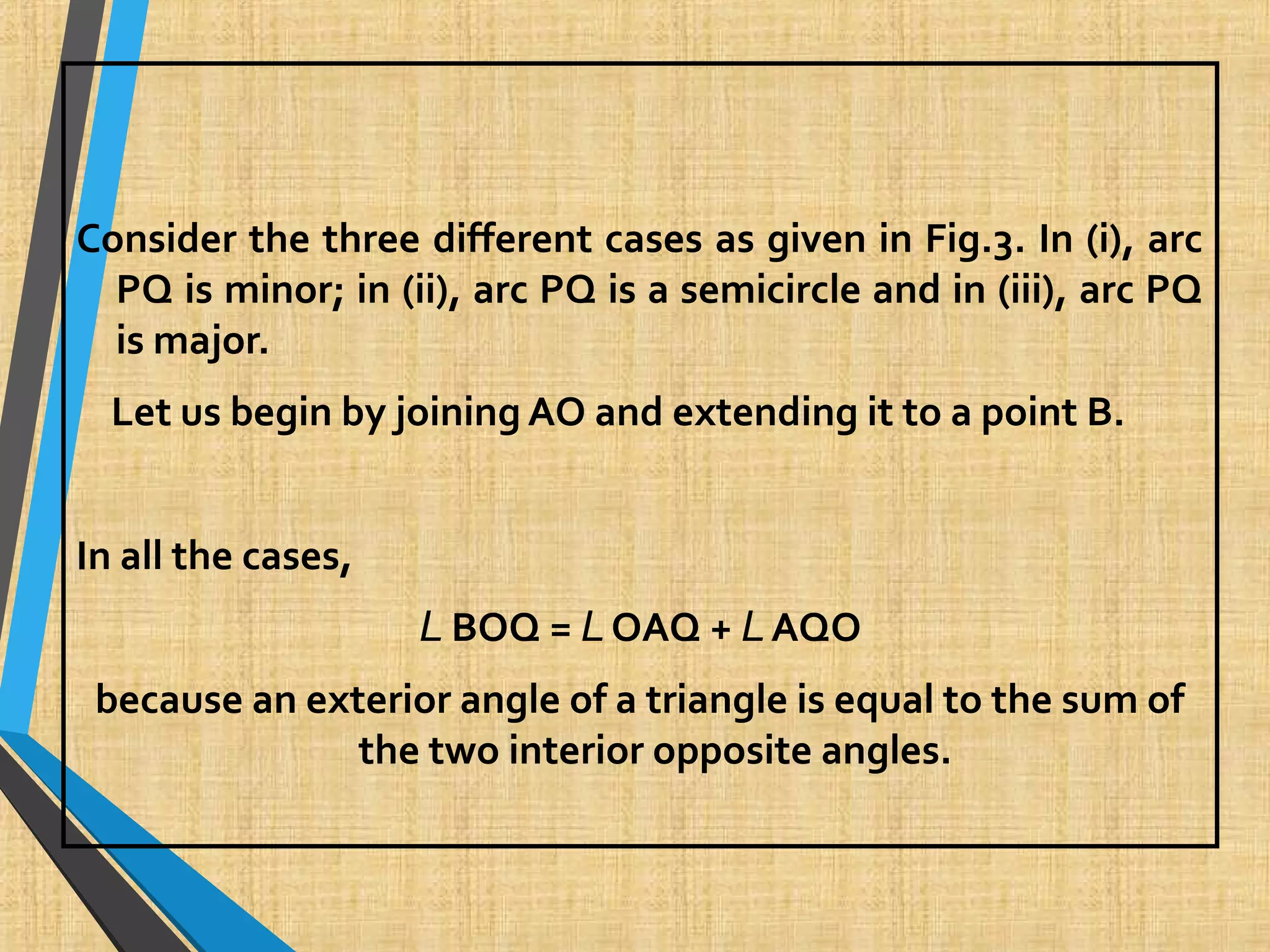 Consider the three different cases as given in Fig.3. In (i), arc
PQ is minor; in (ii), arc PQ is a semicircle and in (iii), arc PQ
is major.
Let us begin by joining AO and extending it to a point B.
In all the cases,
L BOQ = L OAQ + L AQO
because an exterior angle of a triangle is equal to the sum of
the two interior opposite angles.
 