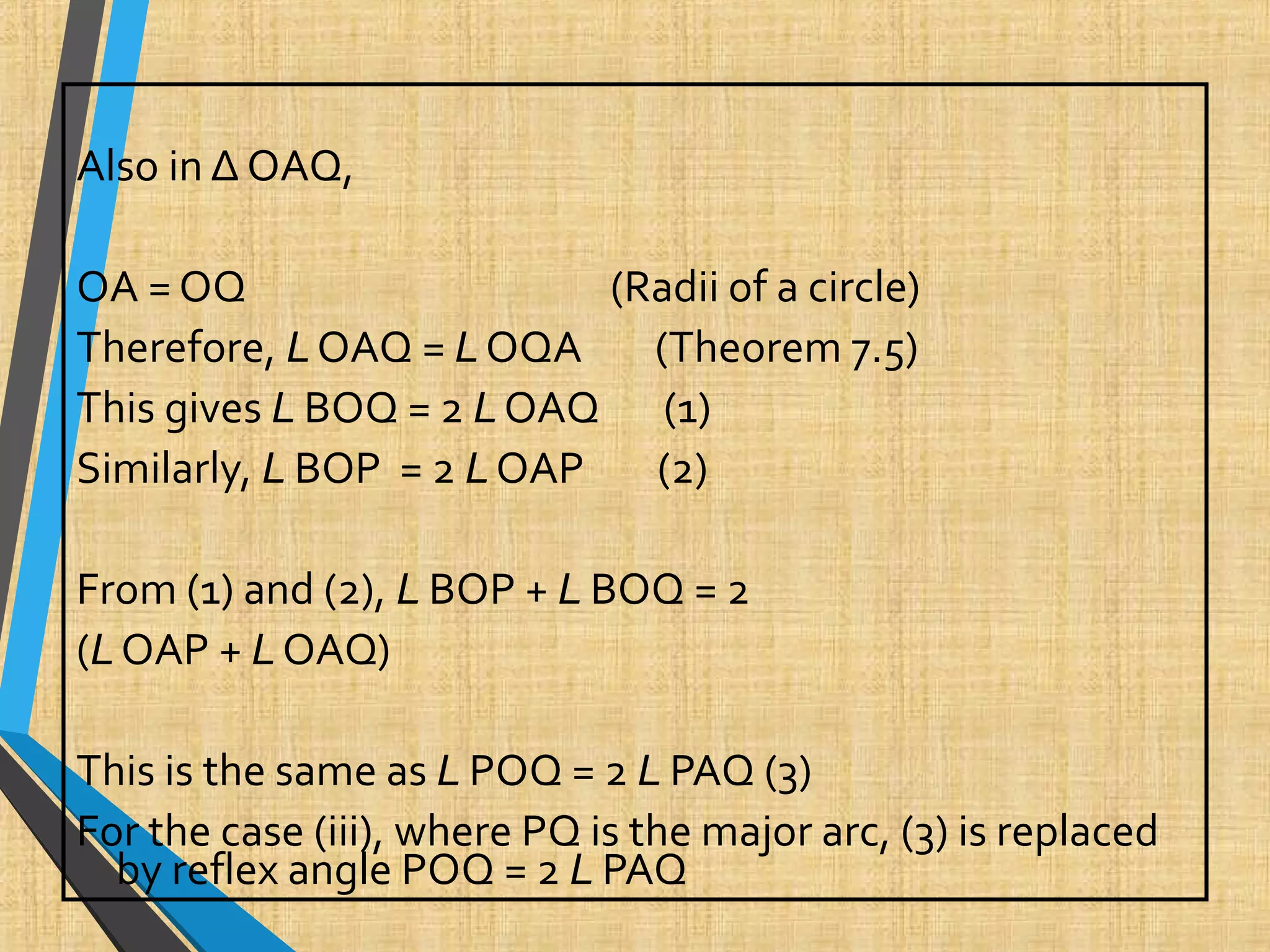 Also in Δ OAQ,
OA = OQ (Radii of a circle)
Therefore, L OAQ = L OQA (Theorem 7.5)
This gives L BOQ = 2 L OAQ (1)
Similarly, L BOP = 2 L OAP (2)
From (1) and (2), L BOP + L BOQ = 2
(L OAP + L OAQ)
This is the same as L POQ = 2 L PAQ (3)
For the case (iii), where PQ is the major arc, (3) is replaced
by reflex angle POQ = 2 L PAQ
 