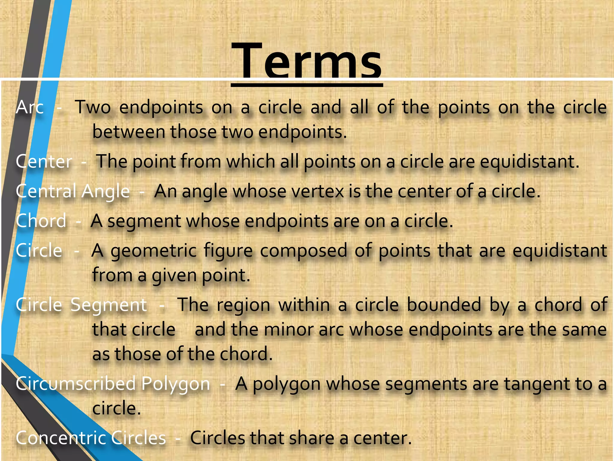 Terms
Arc - Two endpoints on a circle and all of the points on the circle
between those two endpoints.
Center - The point from which all points on a circle are equidistant.
Central Angle - An angle whose vertex is the center of a circle.
Chord - A segment whose endpoints are on a circle.
Circle - A geometric figure composed of points that are equidistant
from a given point.
Circle Segment - The region within a circle bounded by a chord of
that circle and the minor arc whose endpoints are the same
as those of the chord.
Circumscribed Polygon - A polygon whose segments are tangent to a
circle.
Concentric Circles - Circles that share a center.
 