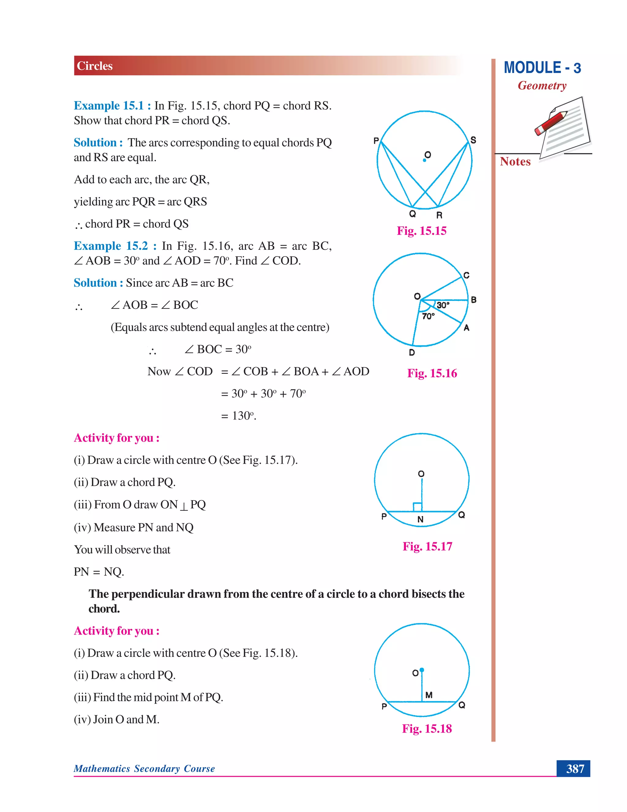 Mathematics Secondary Course 387
Notes
MODULE - 3
Geometry
Circles
Example 15.1 : In Fig. 15.15, chord PQ = chord RS.
Show that chord PR = chord QS.
Solution : The arcs corresponding to equal chords PQ
and RS are equal.
Add to each arc, the arc QR,
yielding arc PQR = arc QRS
∴chord PR = chord QS
Example 15.2 : In Fig. 15.16, arc AB = arc BC,
∠ AOB = 30o
and ∠ AOD = 70o
. Find ∠ COD.
Solution : Since arcAB = arc BC
∴ ∠ AOB = ∠ BOC
(Equals arcs subtend equal angles at the centre)
∴ ∠ BOC = 30o
Now ∠ COD = ∠ COB + ∠ BOA + ∠ AOD
= 30o
+ 30o
+ 70o
= 130o
.
Activity for you :
(i) Draw a circle with centre O (See Fig. 15.17).
(ii) Draw a chord PQ.
(iii) From O draw ON ⊥ PQ
(iv) Measure PN and NQ
Youwillobservethat
PN = NQ.
The perpendicular drawn from the centre of a circle to a chord bisects the
chord.
Activity for you :
(i) Draw a circle with centre O (See Fig. 15.18).
(ii) Draw a chord PQ.
(iii) Find the mid point M of PQ.
(iv) Join O and M.
Fig. 15.15
Fig. 15.16
Fig. 15.17
Fig. 15.18
 