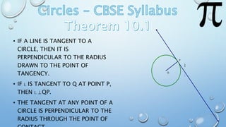Q
P
• IF A LINE IS TANGENT TO A
CIRCLE, THEN IT IS
PERPENDICULAR TO THE RADIUS
DRAWN TO THE POINT OF
TANGENCY.
• IF L IS TANGENT TO Q AT POINT P,
THEN L ⊥QP.
• THE TANGENT AT ANY POINT OF A
CIRCLE IS PERPENDICULAR TO THE
RADIUS THROUGH THE POINT OF
l
 