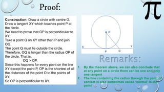 Construction: Draw a circle with centre O.
Draw a tangent XY which touches point P at
the circle.
We need to prove that OP is perpendicular to
XY.
Take a point Q on XY other than P and join
OQ.
The point Q must lie outside the circle.
Therefore, OQ is longer than the radius OP of
the circle. That is,
OQ > OP.
Since this happens for every point on the line
XY except the point P, OP is the shortest of all
the distances of the point O to the points of
XY.
So OP is perpendicular to XY.
Remarks:
1. By the theorem above, we can also conclude that
at any point on a circle there can be one and only
one tangent
2. The line containing the radius through the point of
contact is also sometimes called ‘normal’ to the
point
Proof:
 