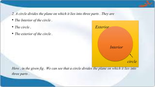 2. A circle divides the plane on which it lies into three parts . They are
• The Interior of the circle .
• The circle . Exterior
• The exterior of the circle .
Interior
circle
Here , in the given fig . We can see that a circle divides the plane on which it lies into
three parts .
 