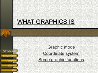 Graphic mode
Coordinate system
Some graphic functions
WHAT GRAPHICS ISWHAT GRAPHICS IS
Exit
Program
Exp
Explanation
Introduction
Exe file
 