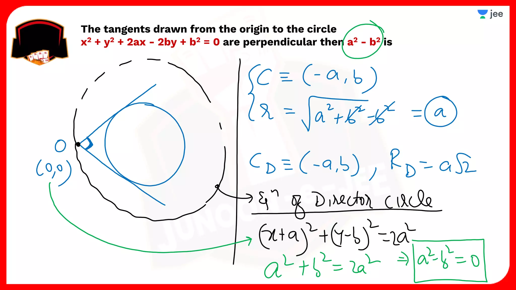 The tangents drawn from the origin to the circle
x2 + y2 + 2ax - 2by + b2 = 0 are perpendicular then a2 - b2 is
 