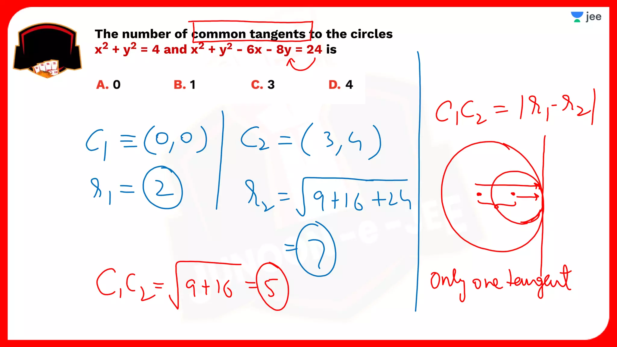 The number of common tangents to the circles
x2 + y2 = 4 and x2 + y2 - 6x - 8y = 24 is
 