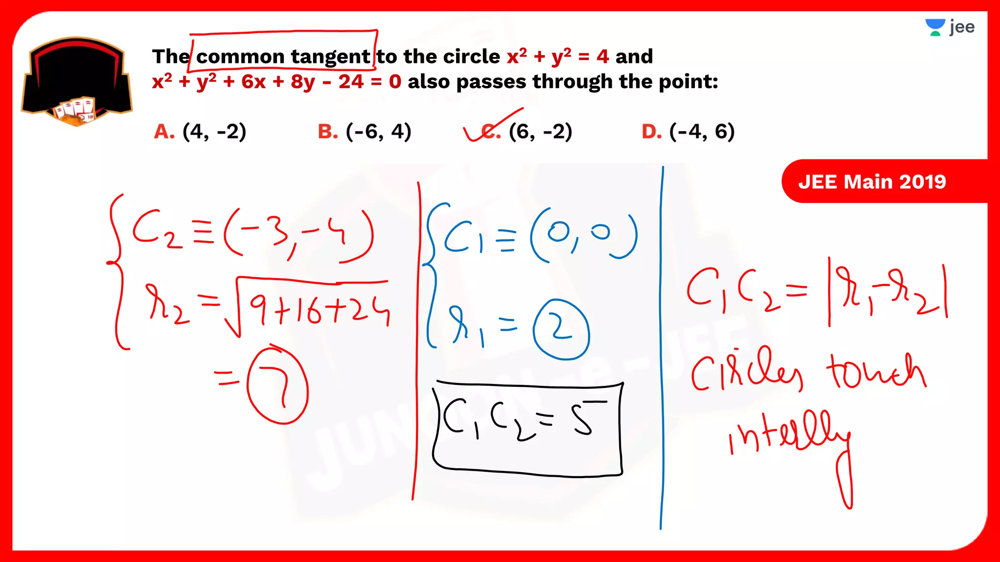 The common tangent to the circle x2 + y2 = 4 and
x2 + y2 + 6x + 8y - 24 = 0 also passes through the point:
JEE Main 2019
 