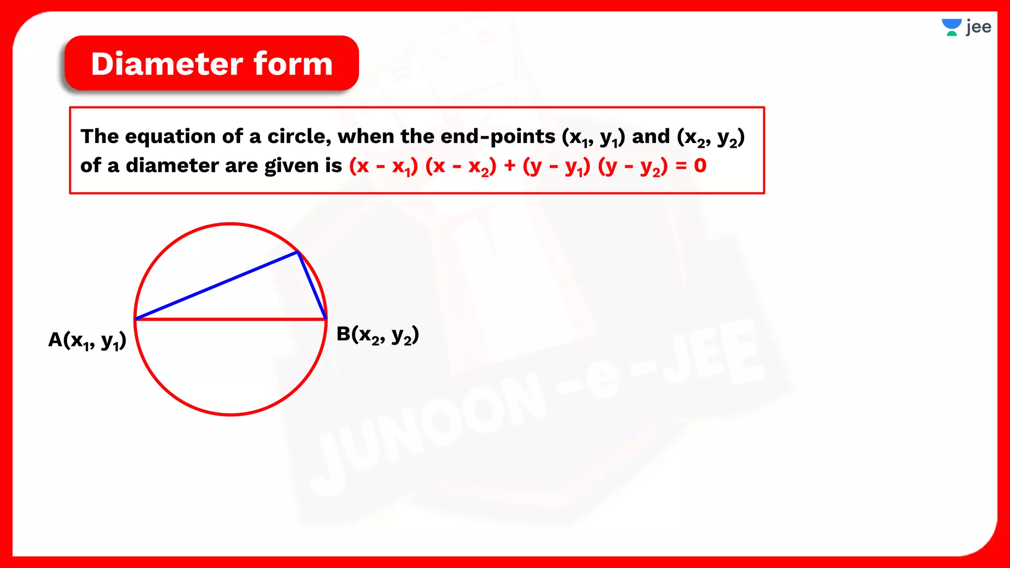 The equation of a circle, when the end-points (x1, y1) and (x2, y2)
of a diameter are given is (x - x1) (x - x2) + (y - y1) (y - y2) = 0
Diameter form
 