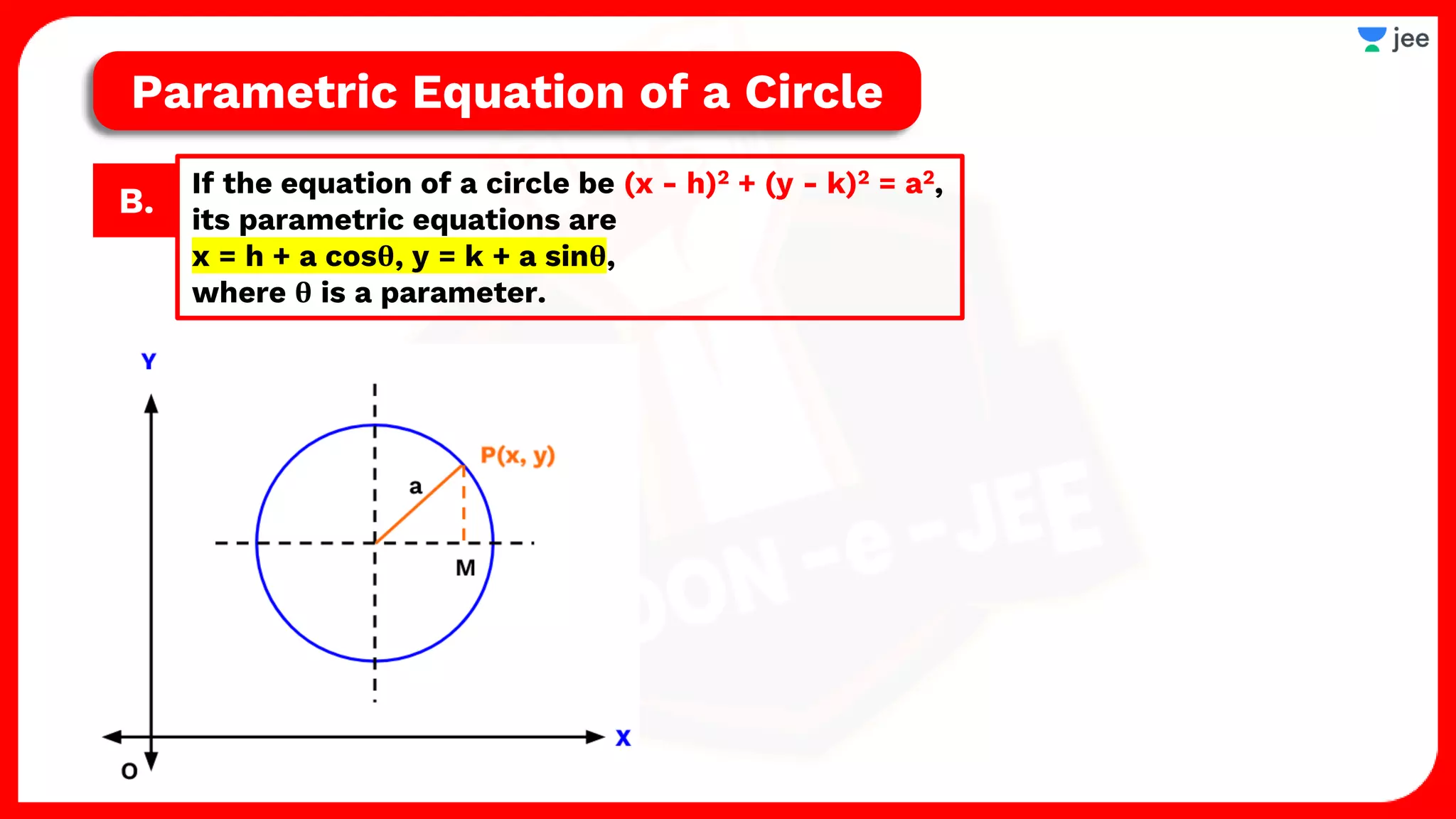 Parametric Equation of a Circle
B.
If the equation of a circle be (x - h)2 + (y - k)2 = a2,
its parametric equations are
x = h + a cosθ, y = k + a sinθ,
where θ is a parameter.
 