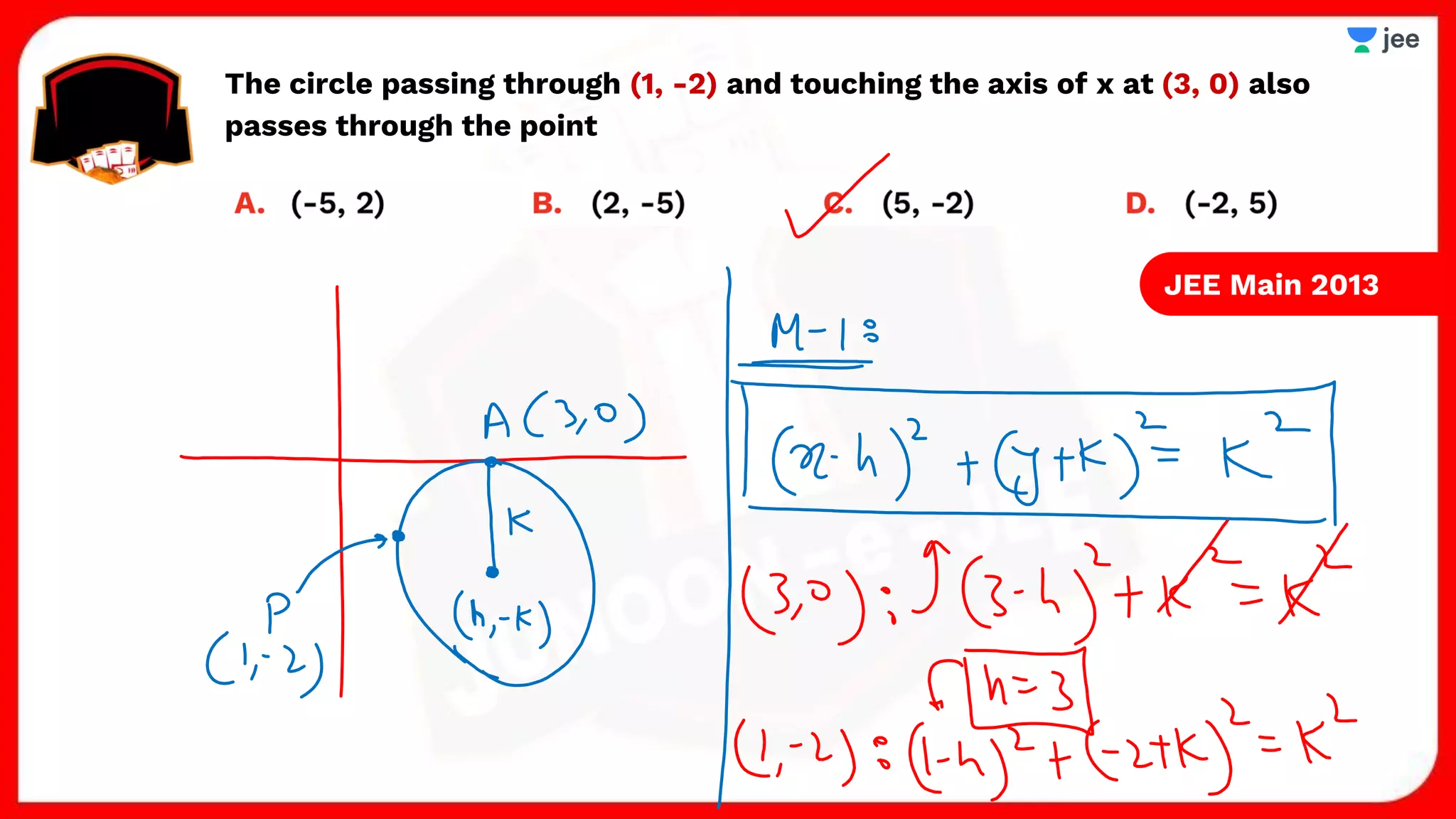The circle passing through (1, -2) and touching the axis of x at (3, 0) also
passes through the point
JEE Main 2013
 