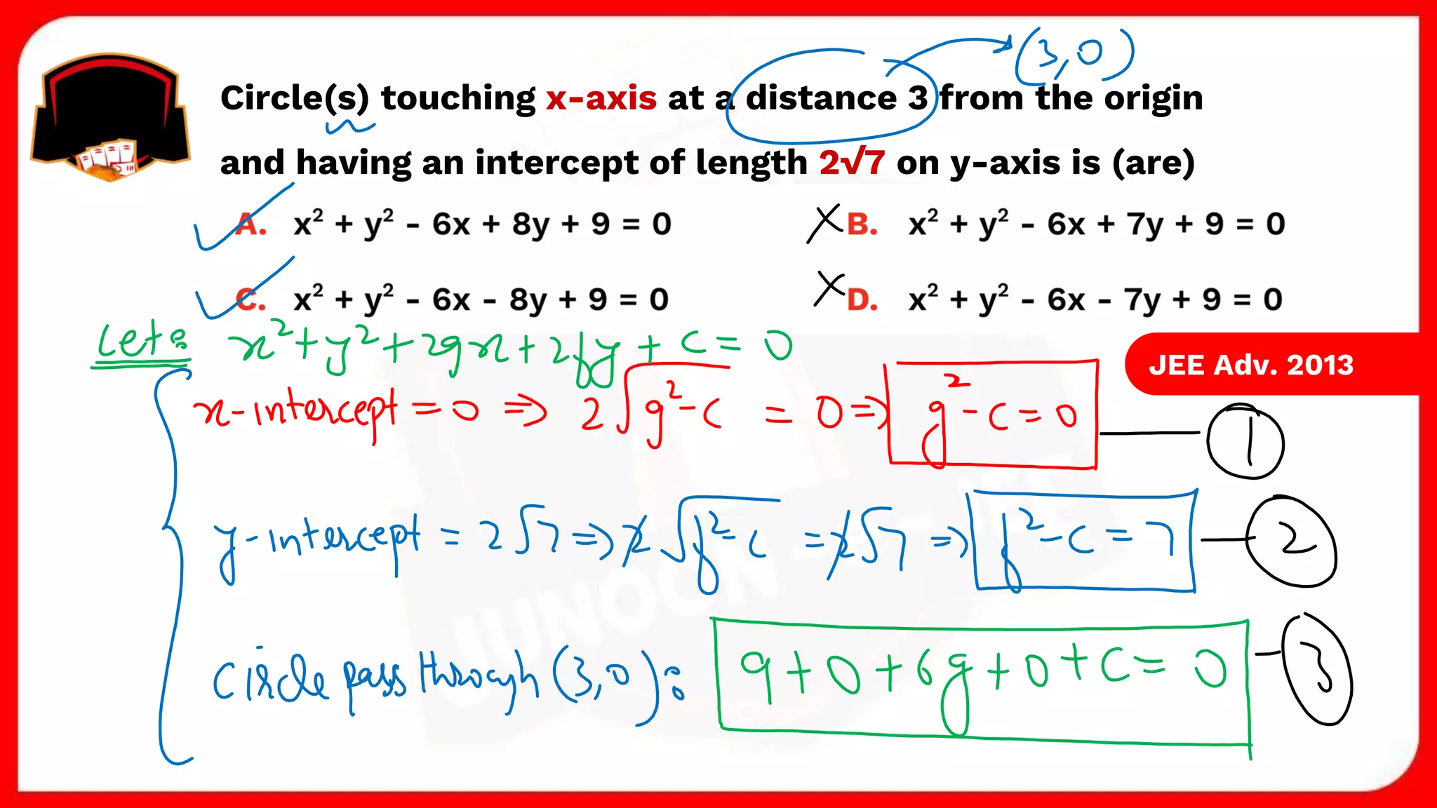 Circle(s) touching x-axis at a distance 3 from the origin
and having an intercept of length 2√7 on y-axis is (are)
JEE Adv. 2013
 