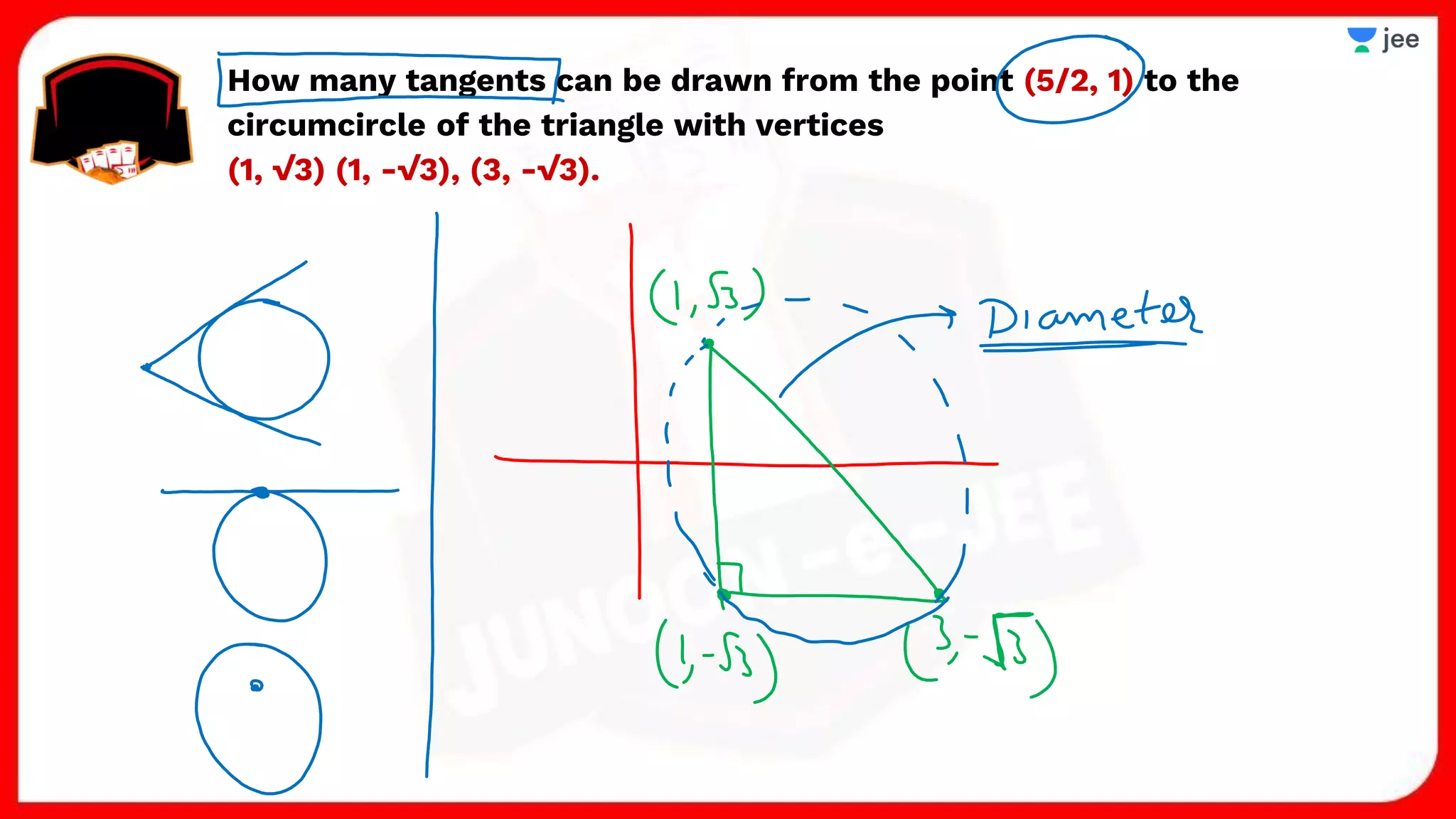 How many tangents can be drawn from the point (5/2, 1) to the
circumcircle of the triangle with vertices
(1, √3) (1, -√3), (3, -√3).
 