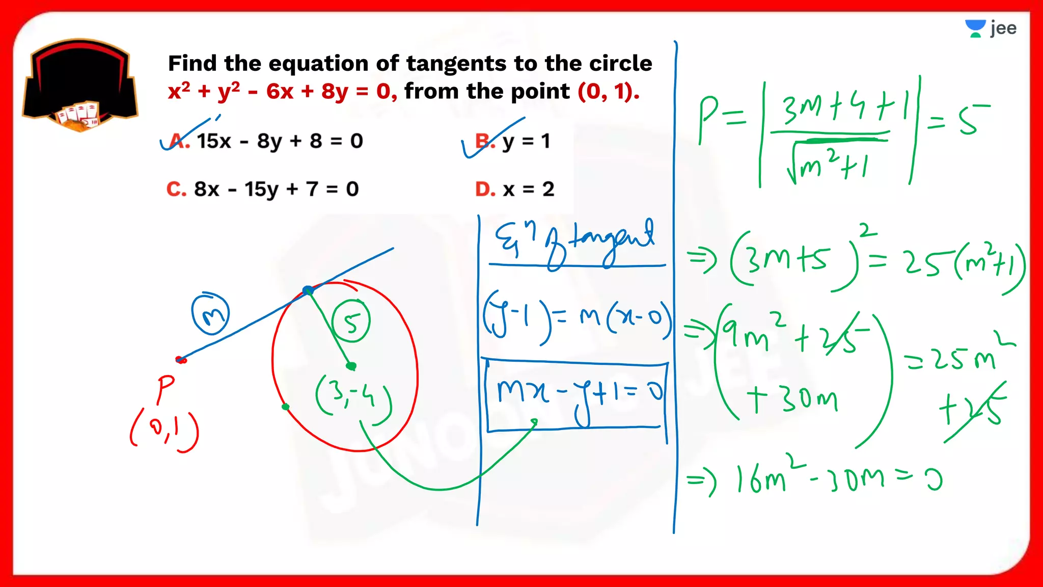 Find the equation of tangents to the circle
x2 + y2 - 6x + 8y = 0, from the point (0, 1).
 