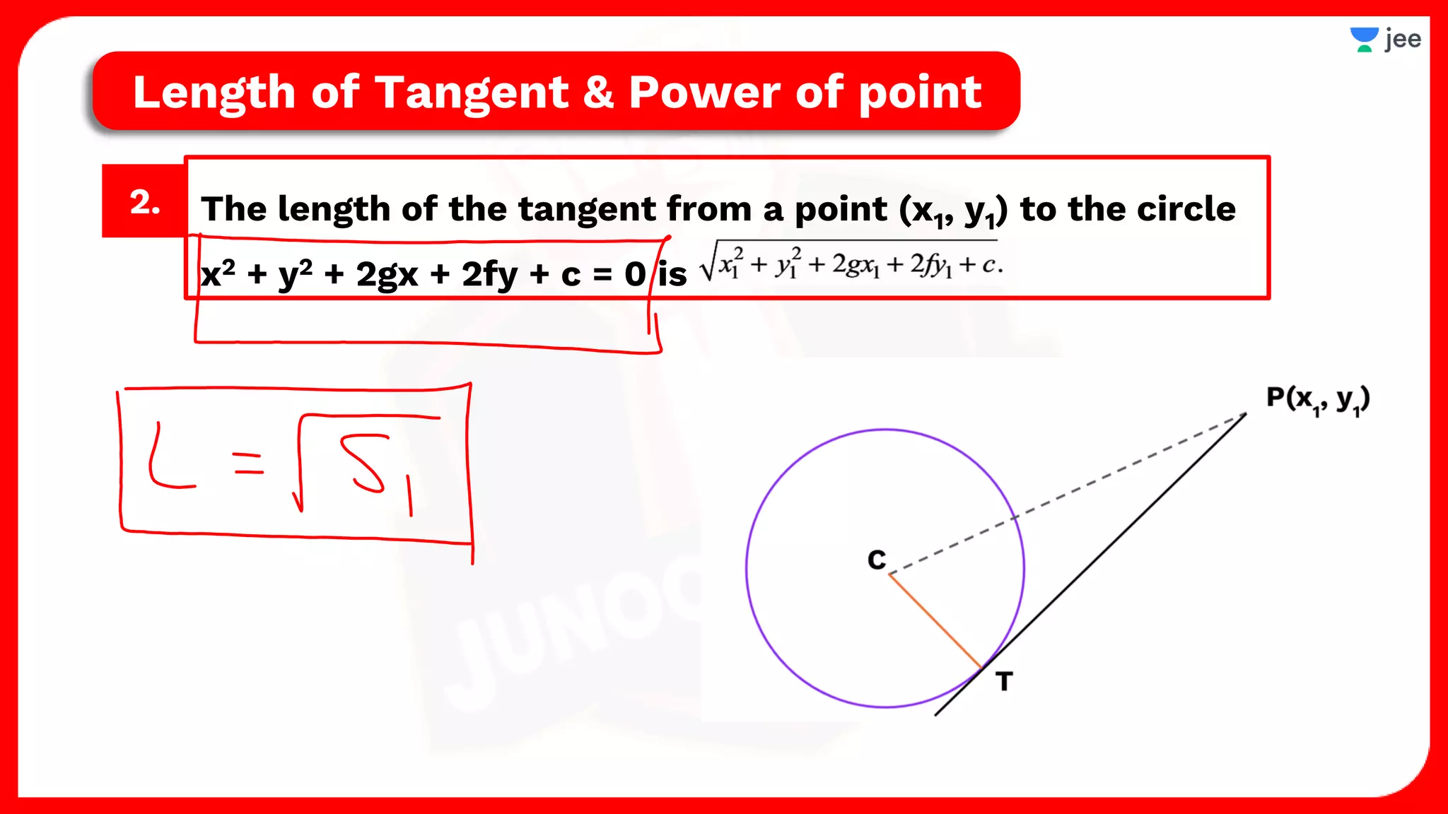 2. The length of the tangent from a point (x1, y1) to the circle
x2 + y2 + 2gx + 2fy + c = 0 is
Length of Tangent & Power of point
 