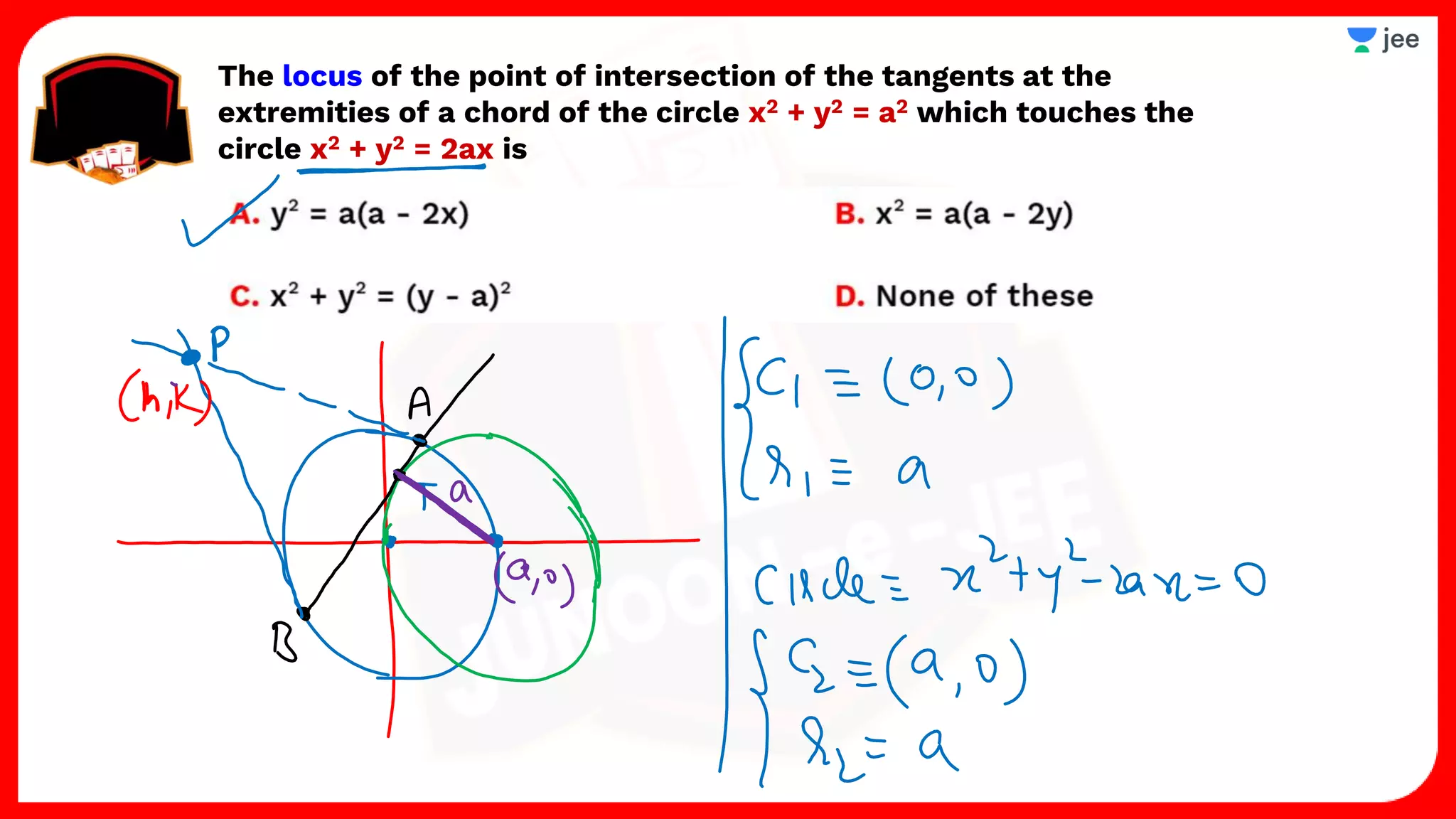 The locus of the point of intersection of the tangents at the
extremities of a chord of the circle x2 + y2 = a2 which touches the
circle x2 + y2 = 2ax is
 