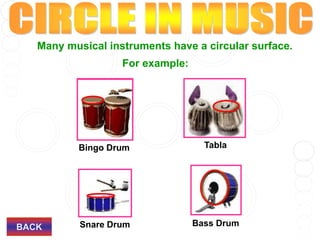 Many musical instruments have a circular surface.
For example:
Bingo Drum Tabla
Snare Drum Bass Drum
BACK
 