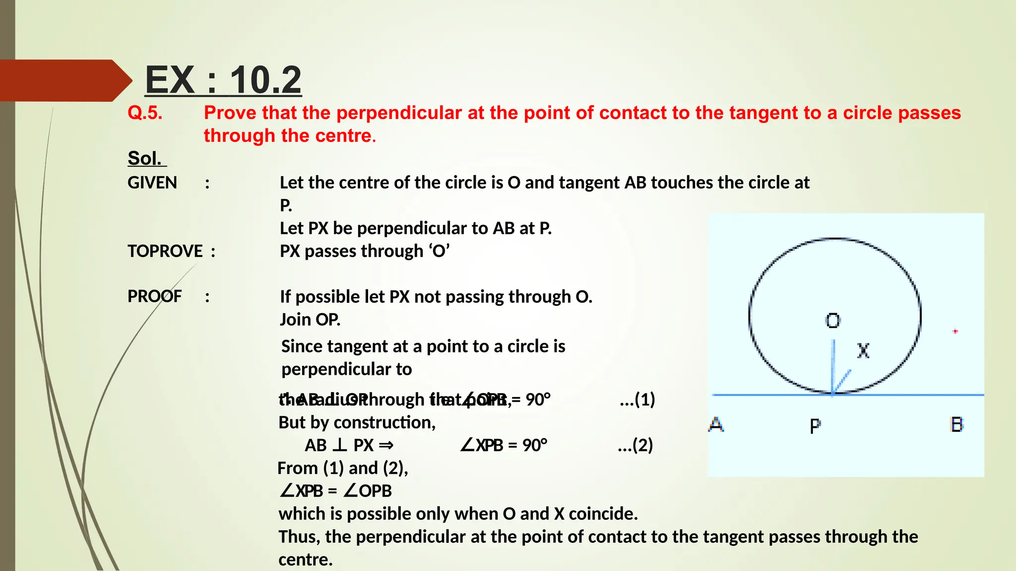 Q.5. Prove that the perpendicular at the point of contact to the tangent to a circle passes
through the centre.
Sol.
GIVEN : Let the centre of the circle is O and tangent AB touches the circle at
P.
Let PX be perpendicular to AB at P.
PX passes through ‘O’
TOPROVE :
PROOF : If possible let PX not passing through O.
Join OP.
Since tangent at a point to a circle is
perpendicular to
the radius through that point,
∴ AB ⊥ OP i.e. ∠OPB = 90° ...(1)
∠XPB = 90° ...(2)
But by construction,
AB ⊥ PX ⇒
From (1) and (2),
∠XPB = ∠OPB
which is possible only when O and X coincide.
Thus, the perpendicular at the point of contact to the tangent passes through the
centre.
EX : 10.2
 
