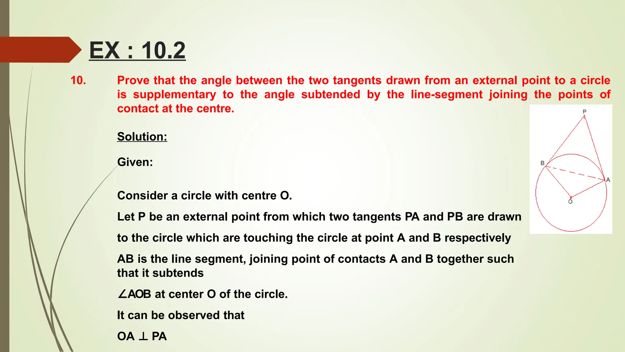 10. Prove that the angle between the two tangents drawn from an external point to a circle
is supplementary to the angle subtended by the line-segment joining the points of
contact at the centre.
Solution:
Given:
Consider a circle with centre O.
Let P be an external point from which two tangents PA and PB are drawn
to the circle which are touching the circle at point A and B respectively
AB is the line segment, joining point of contacts A and B together such
that it subtends
∠AOB at center O of the circle.
It can be observed that
OA ⊥ PA
EX : 10.2
 