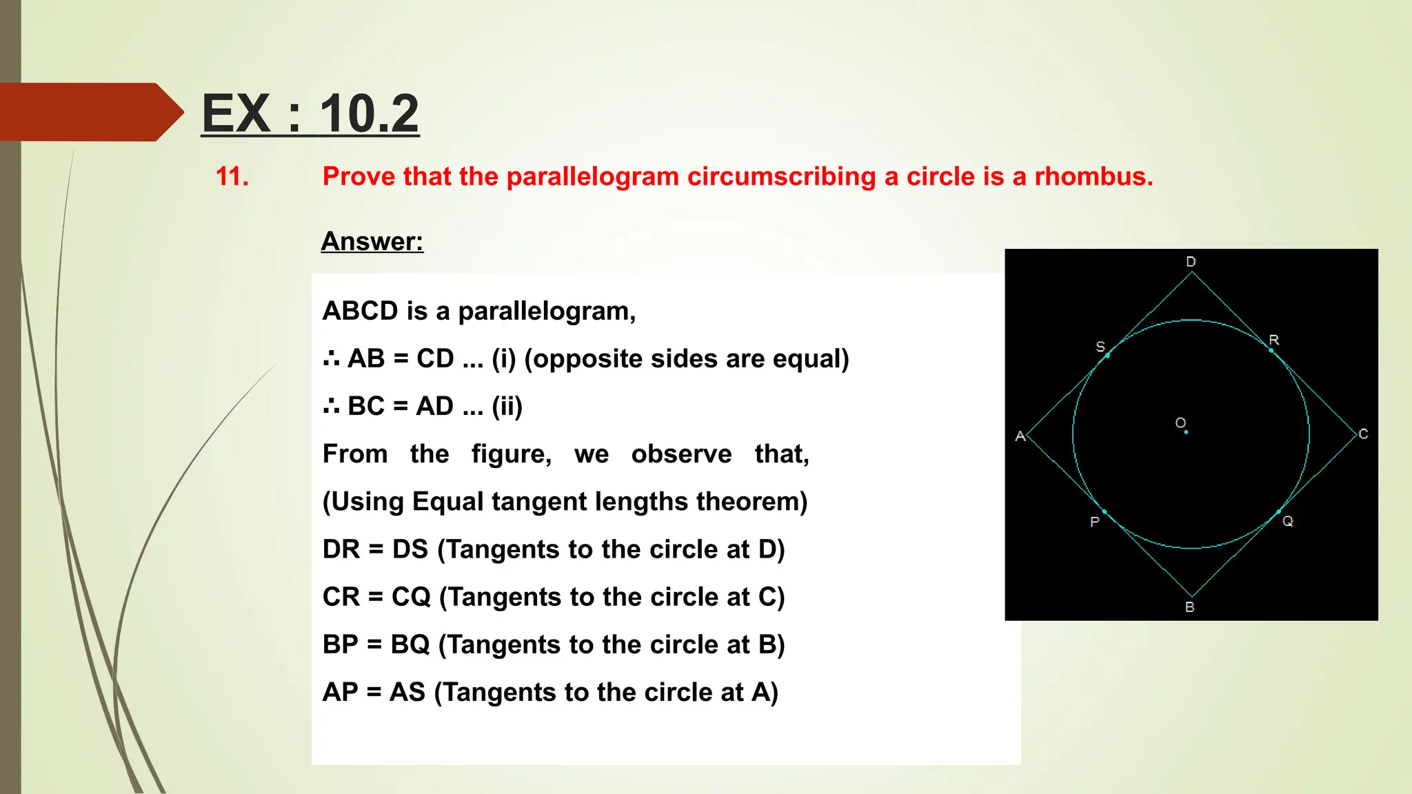 11. Prove that the parallelogram circumscribing a circle is a rhombus.
Answer:
ABCD is a parallelogram,
∴ AB = CD ... (i) (opposite sides are equal)
∴ BC = AD ... (ii)
From the figure, we observe that,
(Using Equal tangent lengths theorem)
DR = DS (Tangents to the circle at D)
CR = CQ (Tangents to the circle at C)
BP = BQ (Tangents to the circle at B)
AP = AS (Tangents to the circle at A)
EX : 10.2
 