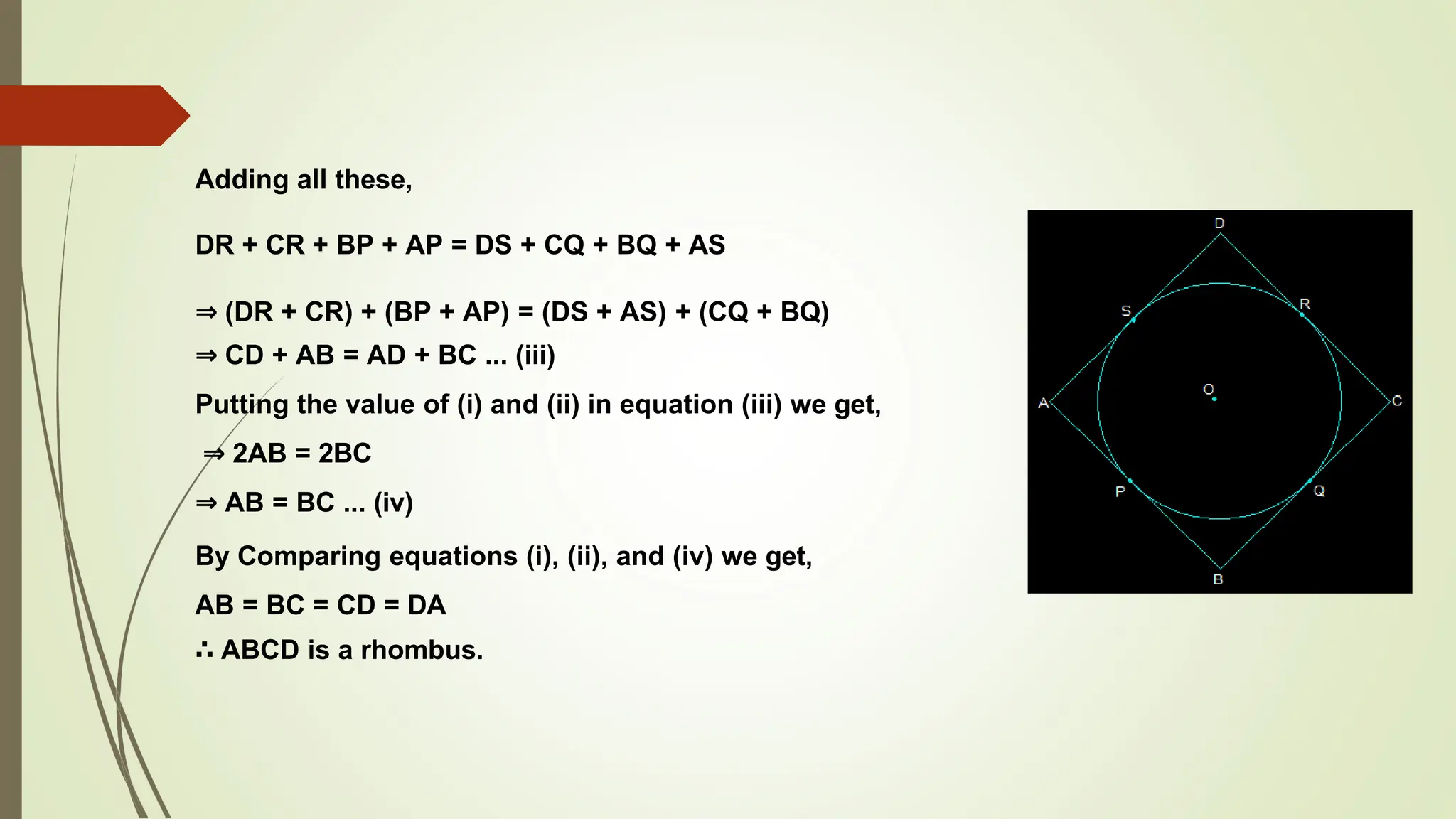 Adding all these,
DR + CR + BP + AP = DS + CQ + BQ + AS
⇒ (DR + CR) + (BP + AP) = (DS + AS) + (CQ + BQ)
⇒ CD + AB = AD + BC ... (iii)
Putting the value of (i) and (ii) in equation (iii) we get,
⇒ 2AB = 2BC
⇒ AB = BC ... (iv)
By Comparing equations (i), (ii), and (iv) we get,
AB = BC = CD = DA
∴ ABCD is a rhombus.
 