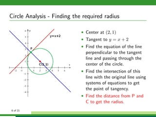 Circle Analysis - Finding the required radius

                             • Center at (2, 1)
                             • Tangent to y = x + 2
                             • Find the equation of the line
                               perpendicular to the tangent
                               line and passing through the
                               center of the circle.
                             • Find the intersection of this
                               line with the original line using
                               systems of equations to get
                               the point of tangency.
                             • Find the distance from P and
                               C to get the radius.
6 of 21
 