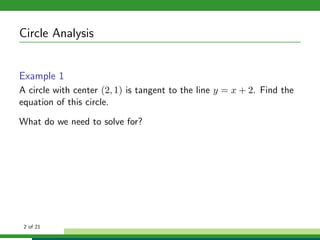 Circle Analysis


Example 1
A circle with center (2, 1) is tangent to the line y = x + 2. Find the
equation of this circle.

What do we need to solve for?




 2 of 21
 