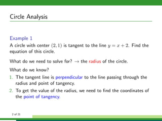 Circle Analysis


Example 1
A circle with center (2, 1) is tangent to the line y = x + 2. Find the
equation of this circle.

What do we need to solve for? → the radius of the circle.
What do we know?
1. The tangent line is perpendicular to the line passing through the
   radius and point of tangency.
2. To get the value of the radius, we need to ﬁnd the coordinates of
   the point of tangency.


 2 of 21
 