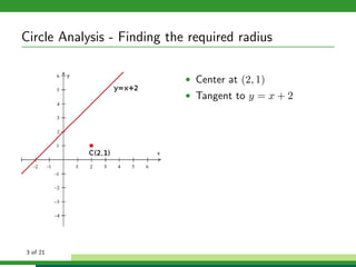 Circle Analysis - Finding the required radius

                             • Center at (2, 1)
                             • Tangent to y = x + 2




3 of 21
 