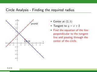 Circle Analysis - Finding the required radius

                             • Center at (2, 1)
                             • Tangent to y = x + 2
                             • Find the equation of the line
                               perpendicular to the tangent
                               line and passing through the
                               center of the circle.




4 of 21
 