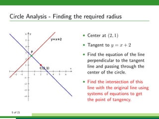 Circle Analysis - Finding the required radius

                             • Center at (2, 1)

                             • Tangent to y = x + 2

                             • Find the equation of the line
                               perpendicular to the tangent
                               line and passing through the
                               center of the circle.
                             • Find the intersection of this
                               line with the original line using
                               systems of equations to get
                               the point of tangency.

5 of 21
 