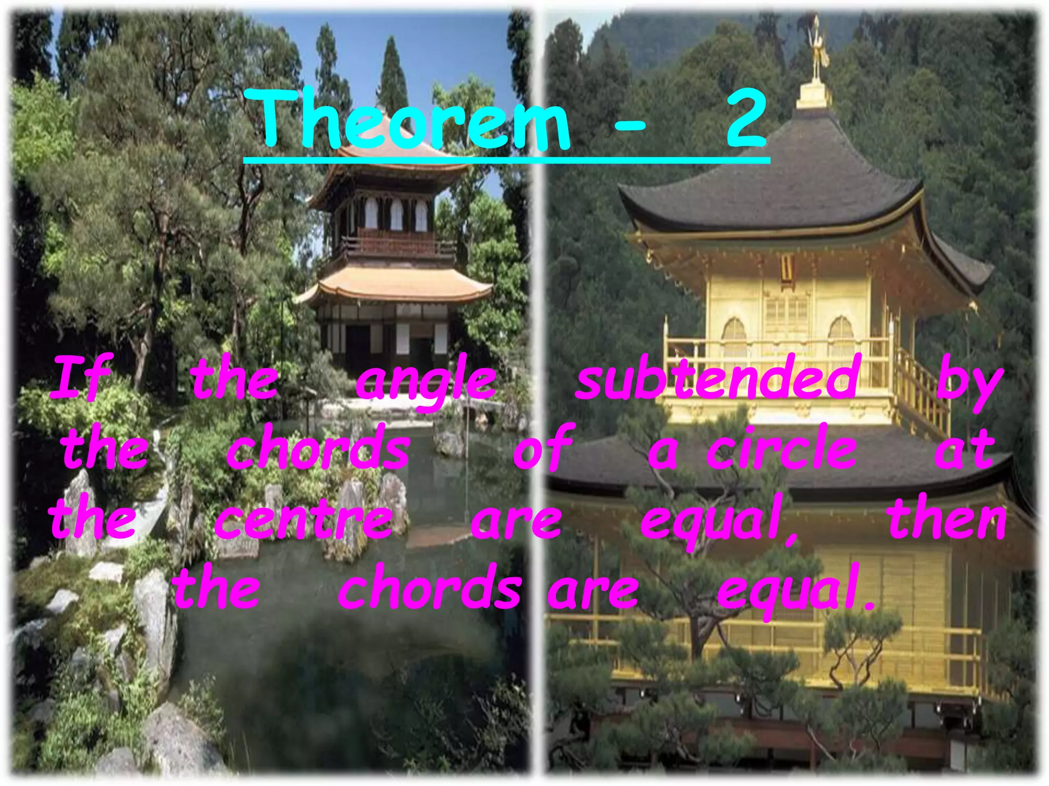 Theorem - 2
If the angle subtended by
the chords of a circle at
the centre are equal, then
the chords are equal.
 