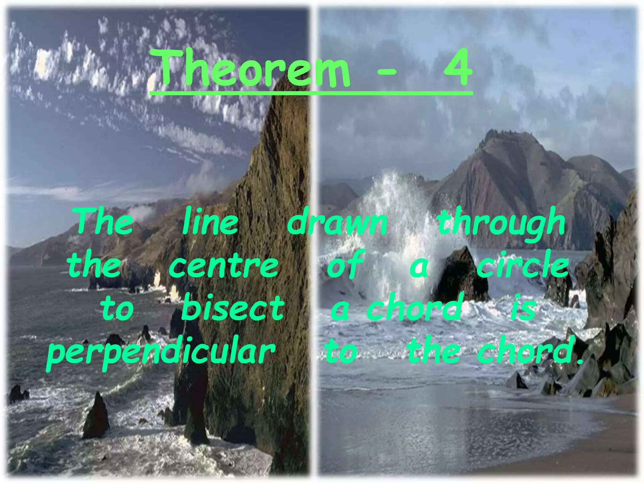 Theorem - 4
The line drawn through
the centre of a circle
to bisect a chord is
perpendicular to the chord.
 