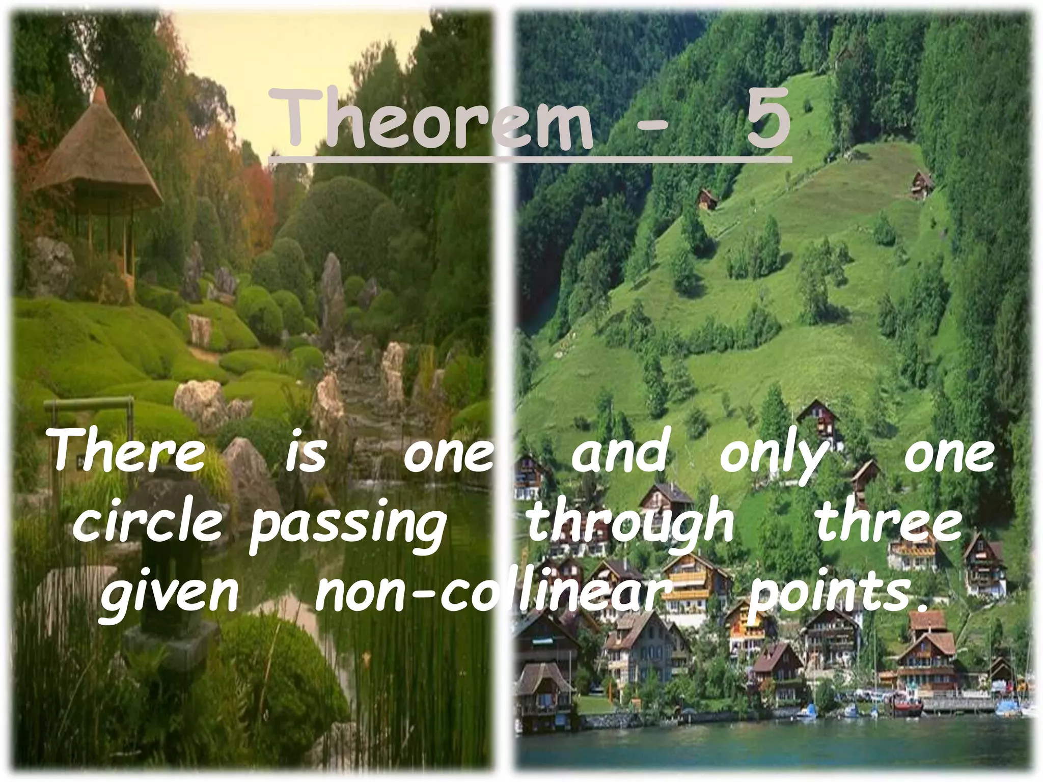 Theorem - 5
There is one and only one
circle passing through three
given non-collinear points.
 