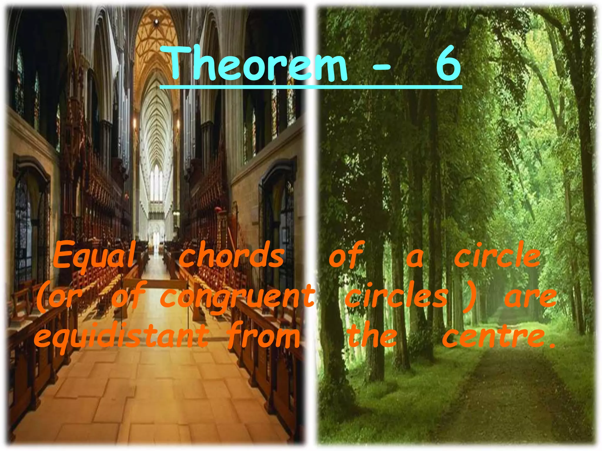 Theorem - 6
Equal chords of a circle
(or of congruent circles ) are
equidistant from the centre.
 