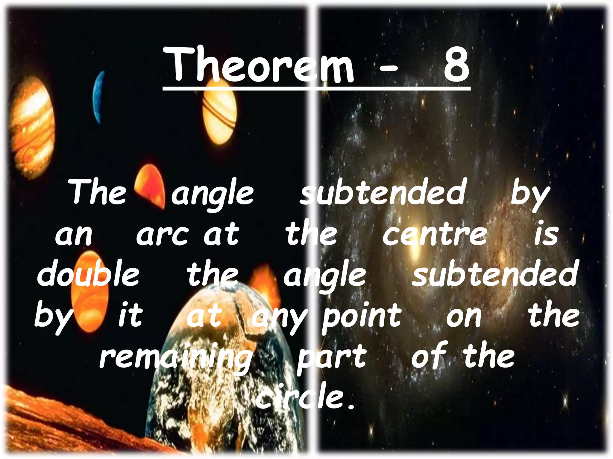 Theorem - 8
The angle subtended by
an arc at the centre is
double the angle subtended
by it at any point on the
remaining part of the
circle.
 