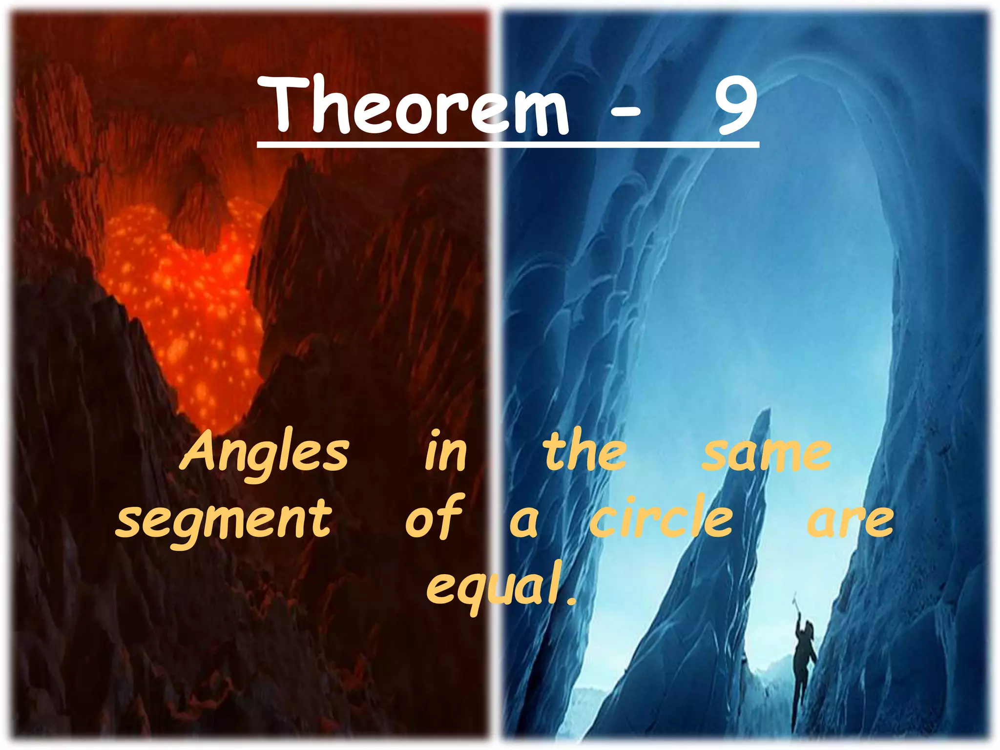 Theorem - 9
Angles in the same
segment of a circle are
equal.
 