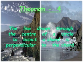 Theorem - 4
The line drawn through
the centre of a circle
to bisect a chord is
perpendicular to the chord.
 