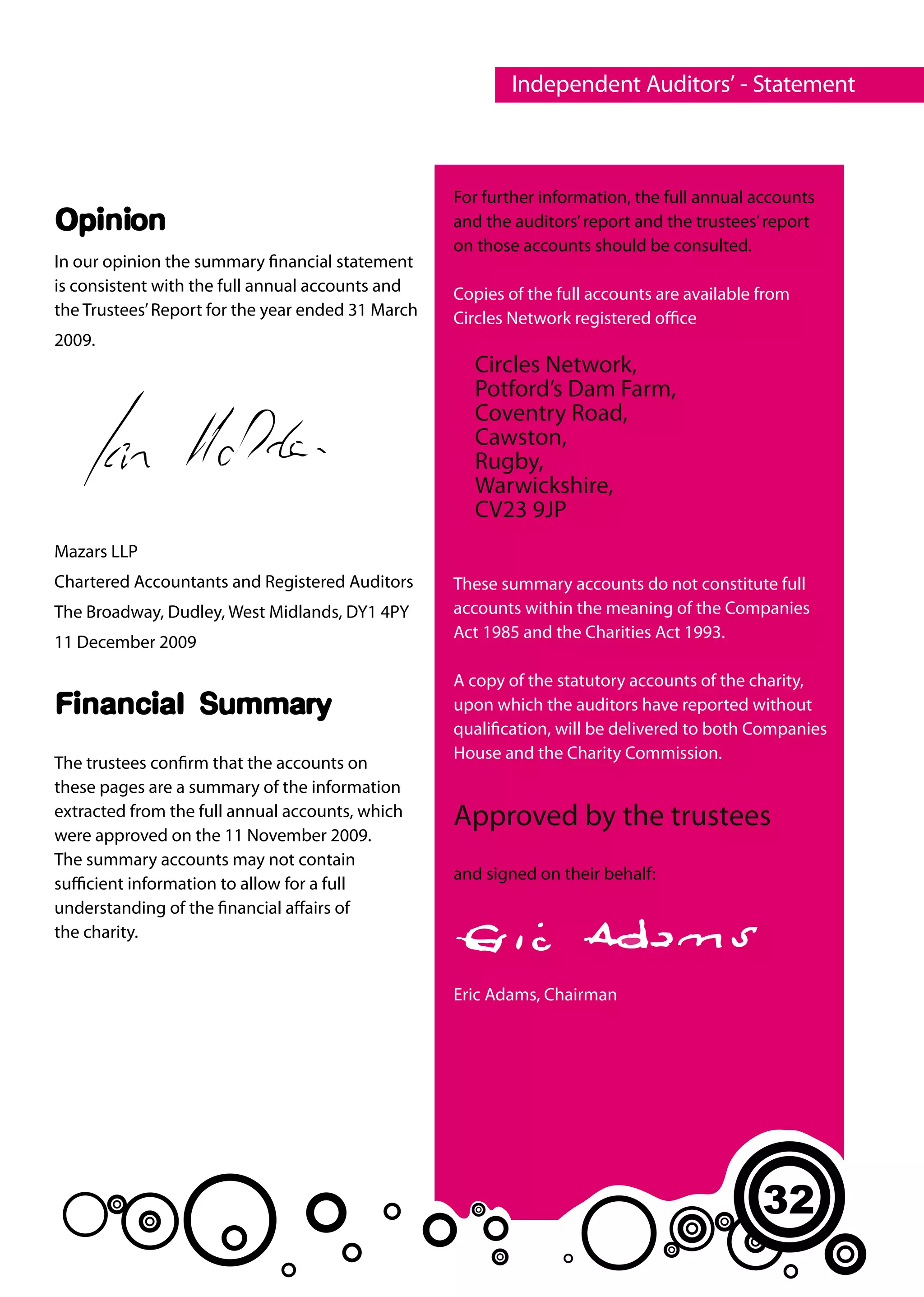 Independent Auditors’ - Statement



                                                   For further information, the full annual accounts
Opinion                                            and the auditors’ report and the trustees’ report
                                                   on those accounts should be consulted.
In our opinion the summary financial statement
is consistent with the full annual accounts and    Copies of the full accounts are available from
the Trustees’ Report for the year ended 31 March   Circles Network registered office
2009.
                                                     Circles Network,
                                                     Potford’s Dam Farm,
                                                     Coventry Road,
                                                     Cawston,
                                                     Rugby,
                                                     Warwickshire,
                                                     CV23 9JP
Mazars LLP
Chartered Accountants and Registered Auditors      These summary accounts do not constitute full
The Broadway, Dudley, West Midlands, DY1 4PY       accounts within the meaning of the Companies
                                                   Act 1985 and the Charities Act 1993.
11 December 2009

                                                   A copy of the statutory accounts of the charity,
Financial Summary                                  upon which the auditors have reported without
                                                   qualification, will be delivered to both Companies
                                                   House and the Charity Commission.
The trustees confirm that the accounts on
these pages are a summary of the information
extracted from the full annual accounts, which     Approved by the trustees
were approved on the 11 November 2009.
The summary accounts may not contain
                                                   and signed on their behalf:
sufficient information to allow for a full
understanding of the financial affairs of
the charity.


                                                   Eric Adams, Chairman




                                                                                             32
 