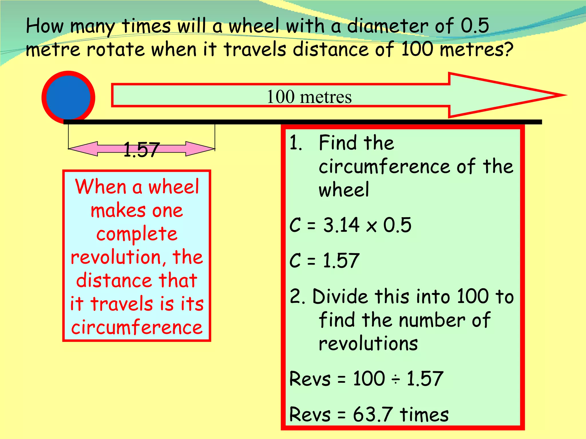 1.57 When a wheel makes one complete revolution, the distance that it travels is its circumference How many times will a wheel with a diameter of 0.5 metre rotate when it travels distance of 100 metres? Find the circumference of the wheel C = 3.14 x 0.5  C = 1.57 2. Divide this into 100 to find the number of revolutions Revs = 100 ÷ 1.57 Revs = 63.7 times 100 metres 