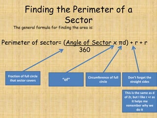 Finding the Perimeter of a
Sector

The general formula for finding the area is:

Perimeter of sector= (Angle of Sector x πd) + r + r
360

Fraction of full circle
that sector covers

“of”

Circumference of full
circle

Don’t forget the
straight sides
This is the same as d
of 2r, but I like r +r as
it helps me
remember why we
do it

 