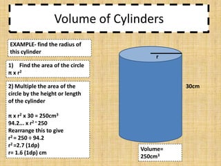Volume of Cylinders
EXAMPLE- find the radius of
this cylinder

r

1) Find the area of the circle
π x r2
2) Multiple the area of the
circle by the height or length
of the cylinder
π x r2 x 30 = 250cm3
94.2... x r2 = 250
Rearrange this to give
r2 = 250 ÷ 94.2
r2 =2.7 (1dp)
r= 1.6 (1dp) cm

30cm

Volume=
250cm3

 