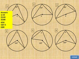 1

Answers
1) 50
2)120
3)180
4)50
5)67.5
6)80
4

2

3

25°

60°

90°

x

x

x

x

100°

5

x

135°

6

x

160°

HOME

 