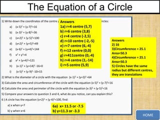 The Equation of a Circle
1) Write down the coordinates of the centre point and radius of each of these circles:
Answers
a)

(x-5)2 + (y-7)2=16

b)

(x-3)2 + (y-8)2=36

c)

(x+2)2 + (y-5)2=100

d)

(x+2)2

e)

(x-6)2 + (y+4)2=144

f)

x2 + y2=4

g)

x2 + (y+4)2=121

h)

(x-1)2 + (y+14)2 -16=0

i)

1a) r=4 centre (5,7)
b) r=6 centre (3,8)
c) r=4 centre (-2,5)
d) r=10 centre (-2,-5)
e) r=7 centre (6,-4)
f) r=12 centre (0,0)
g) r=411centre (0,-4)
h) r=4 centre (1,-14)
i) r=5 centre (5,9)

(x-5)2 + (y-9)2 -10=15

+

(y+5)2=49

2) What is the diameter of a circle with the equation (x-1)2 + (y+3)2 =64

Answers
2) 16
3)Circumference = 25.1
Area=50.3
4)Circumference = 25.1
Area=50.3
5) Circles have the same
radius but different centres,
they are translations

3) Calculate the area and circumference of the circle with the equation (x-5)2 + (y-7)2=16
4) Calculate the area and perimeter of the circle with the equation (x-3)2 + (y-5)2=16
5) Compare your answers to question 3 and 4, what do you notice, can you explain this?
6 ) A circle has the equation (x+2)2 + (y-4)2=100, find:
a) x when y=7
b) y when x=6

6a) x= 11.5 or -7.5
b) y=11.3 or -3.3
HOME

 