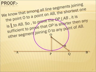 13
O
P Q
R
A B
We know that among all line segments joining
the point O to a point on AB, the shortest one
is I to AB. So , to prove the OP I AB , it is
sufficient to prove that OP is shorter then any
other segment joining O to any point of AB.
 