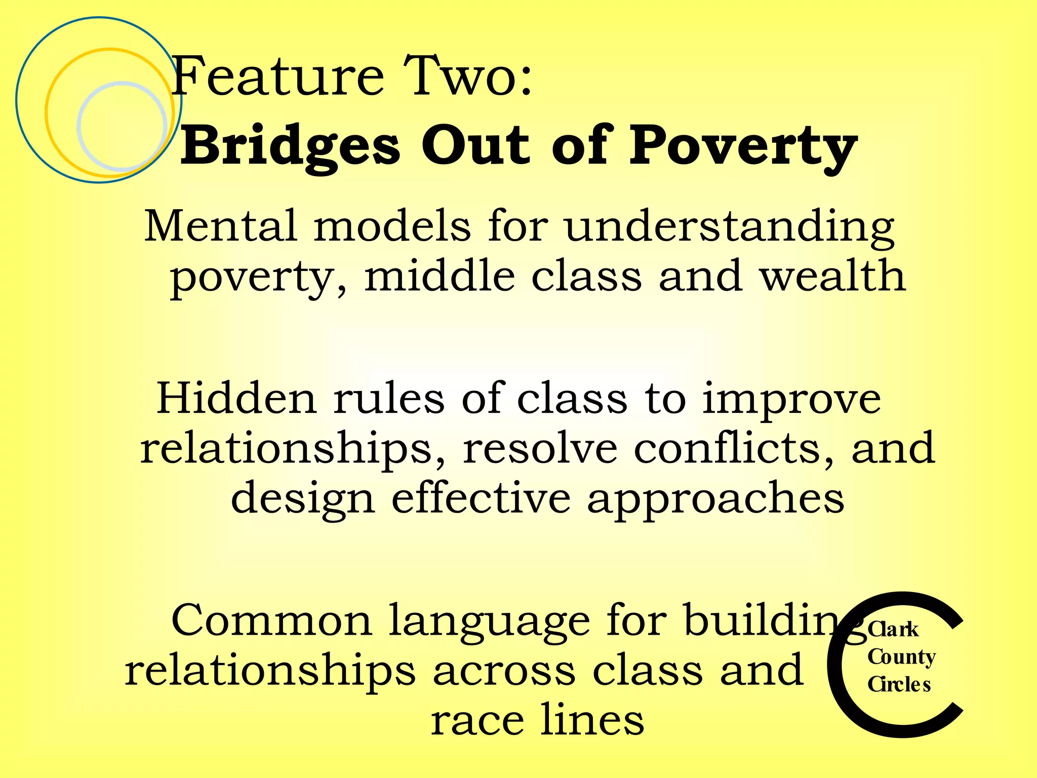 Feature Two:  Bridges Out of Poverty Mental models for understanding poverty, middle class and wealth Hidden rules of class to improve relationships, resolve conflicts, and design effective approaches Common language for building relationships across class and  race lines 