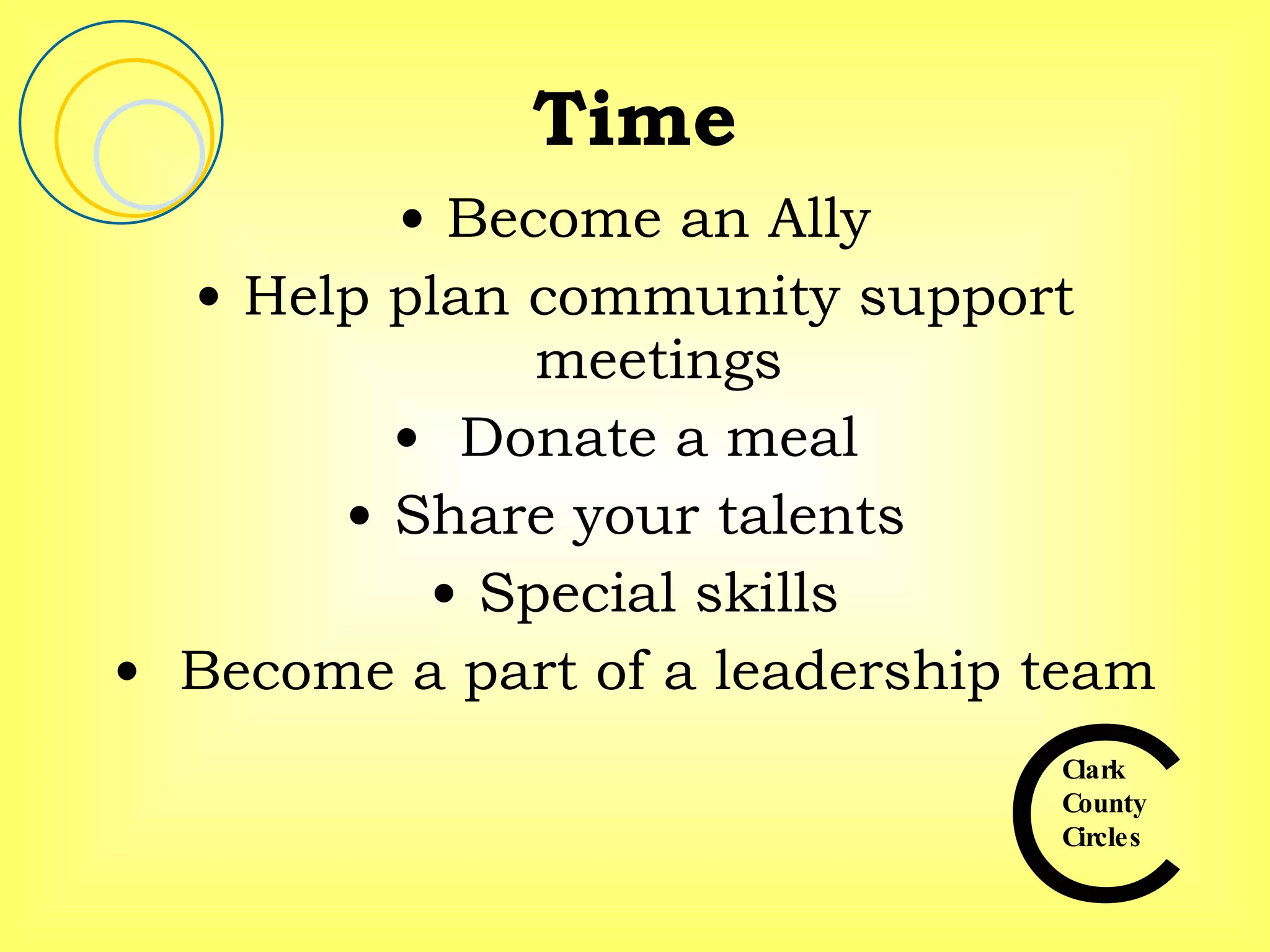 Time Become an Ally Help plan community support meetings Donate a meal  Share your talents  Special skills Become a part of a leadership team 