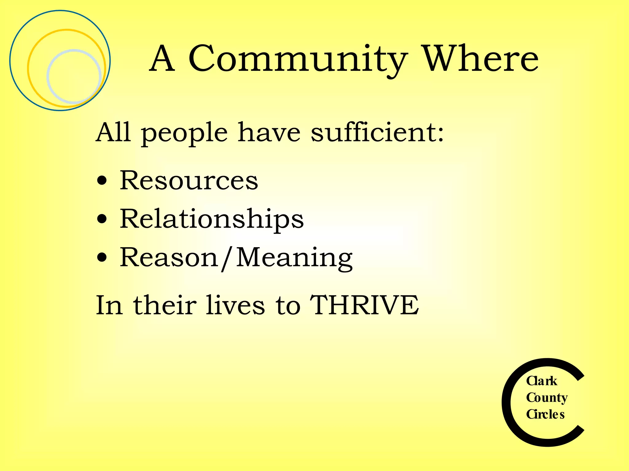 A Community Where All people have sufficient: Resources Relationships Reason/Meaning In their lives to THRIVE 